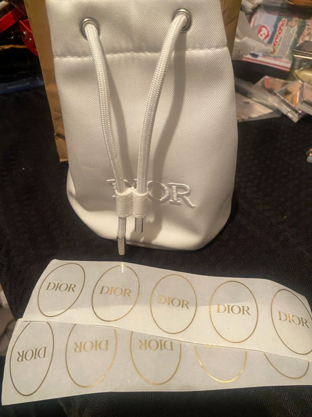 Dior White Drawstring Mini Pouch with 10 stickers new